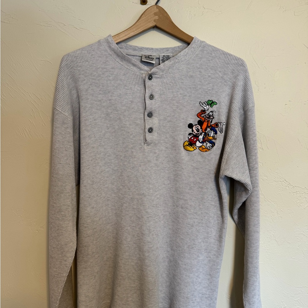 The Disney Store Gray Henley Shirt Mickey Donald’s and Goofy